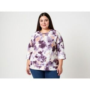 Live Well‎ Tie Dye Sweatshirt Purple Peach 3/4 Sleeve Women L cozy casual comfy